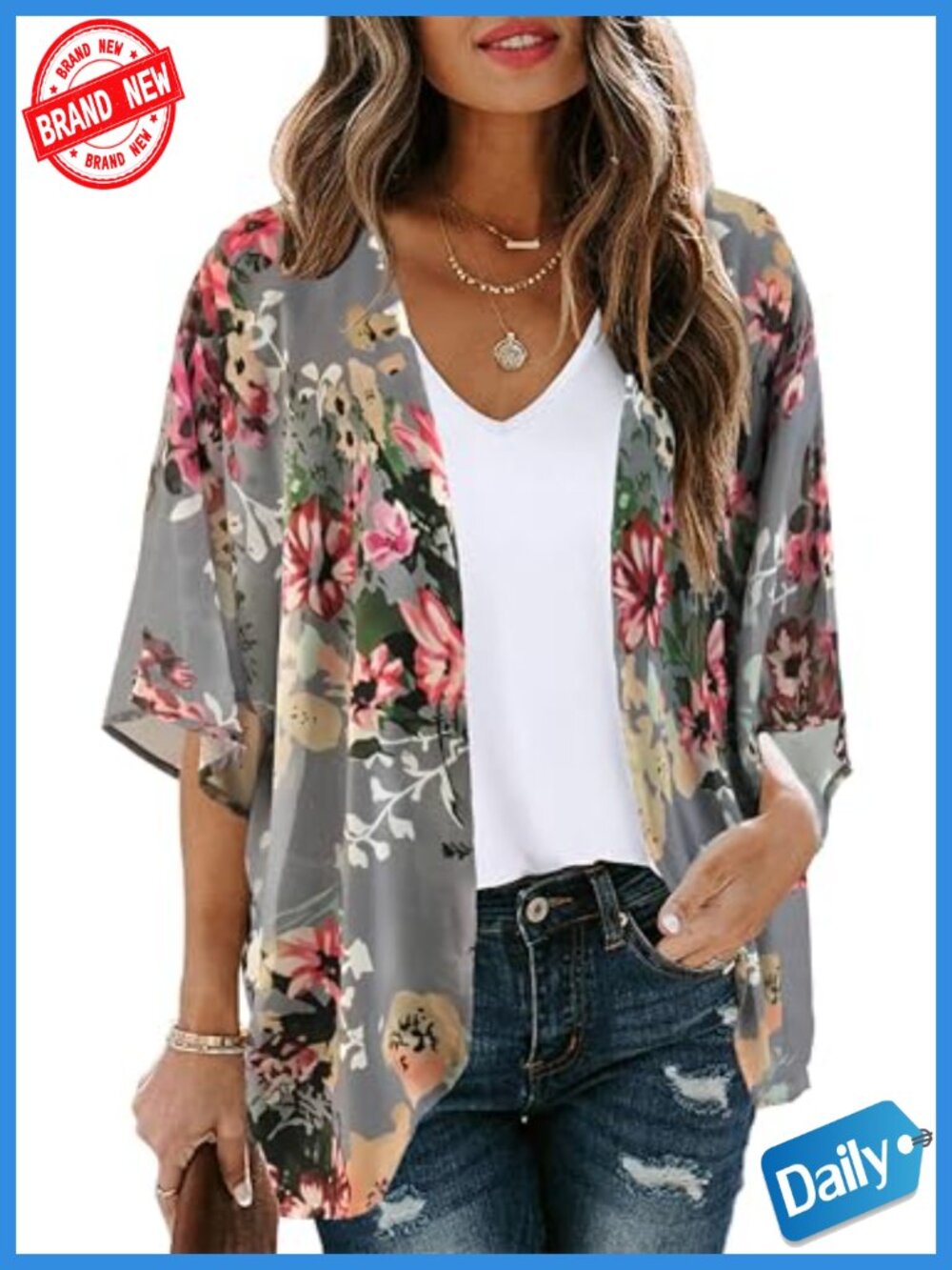 Sheer Chiffon Floral Puff Sleeve Kimono Cardigan Loose Cover Up